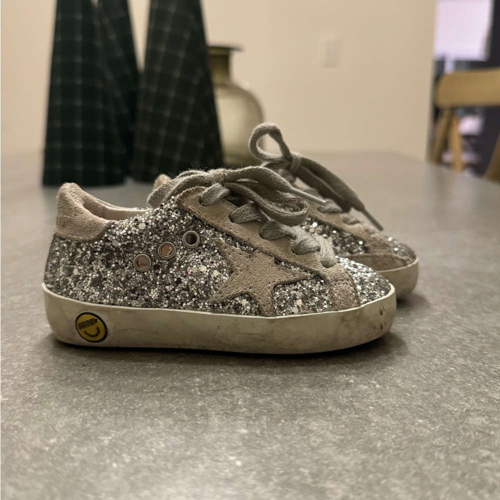 Golden Goose Junior Super-Star with silver glitter and suede details